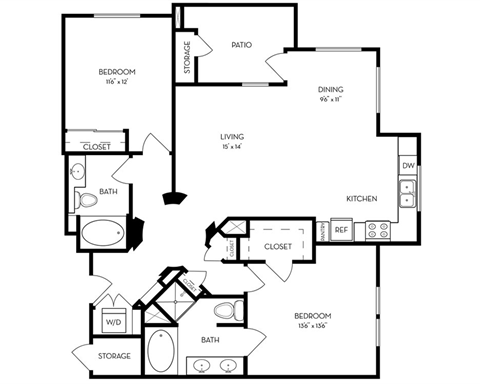 Floor plan for 2 beds, 2 baths, 1216 sqft